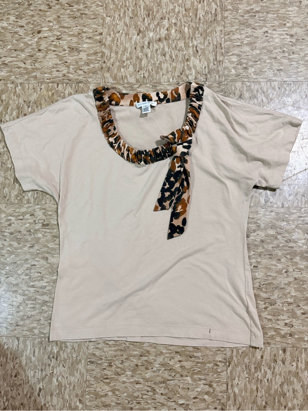 St. John Sport Vintage Beige Short-Sleeve Top with Leopard-Trim Scoop Neck
